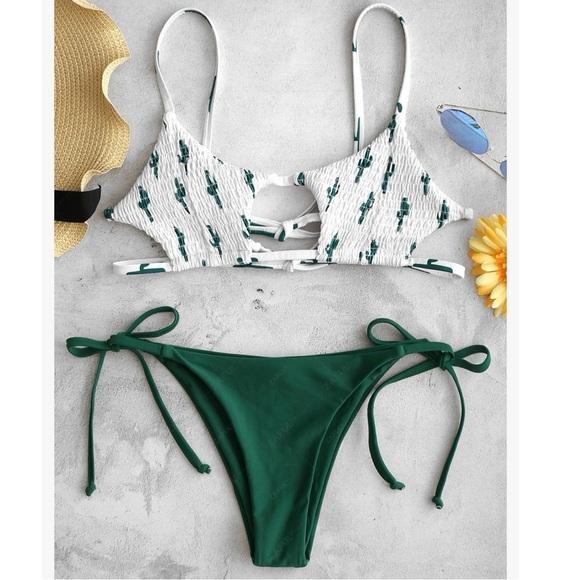 ZAFUL Cactus Print Smocked String Bikini Set Size 4 - Picture 1 of 8